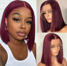 Load image into Gallery viewer, Red Bob Lace Front Wig 13X4/13x6 Colored Human Hair Lace Frontal Wigs Burgundy 99J Short Bob Wigs
