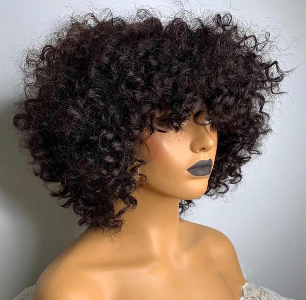 Black Brazilian Remy Curly Hair Wig With Bangs 180% Density Deep Wave Glueless Human Hair Wigs