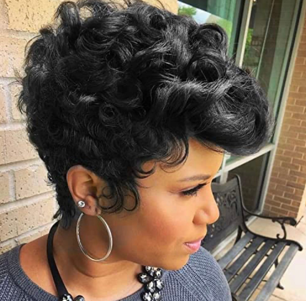 Black Short Cut Human Hair Wig Curly Human Hair Short Pixie Cut Wig Slip on and Go