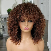 Load image into Gallery viewer, Brown Color Human Hair Curly Wig Full Machine Made No Lace Wig With Bangs #4 Curly Wig Brazilian Remy Hair 250% Density
