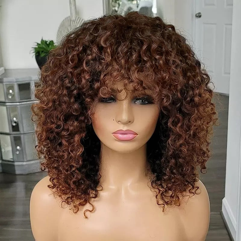 Brown Color Human Hair Curly Wig Full Machine Made No Lace Wig With Bangs #4 Curly Wig Brazilian Remy Hair 250% Density