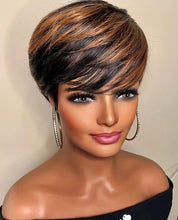 Load image into Gallery viewer, Human Hair Short Layered Cut Wigs with Bangs Brazilian Ombre Wigs Black with Brown 1B/30 Color Short Pixie Cut Wigs
