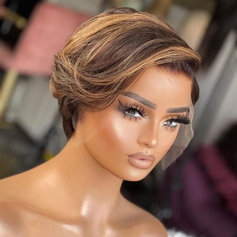 Highlight Honey Blonde Ombre Color Straight Short Bob Pixie Cut T Part Lace Human Hair Wig