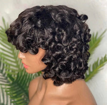 Load image into Gallery viewer, Short Curly Human Hair Wigs Rose Curly Wig With Bangs Machine Made Deep Wave Virgin Brazilian Glueless Wig
