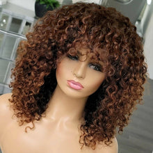 Load image into Gallery viewer, Brown Color Human Hair Curly Wig Full Machine Made No Lace Wig With Bangs #4 Curly Wig Brazilian Remy Hair 250% Density
