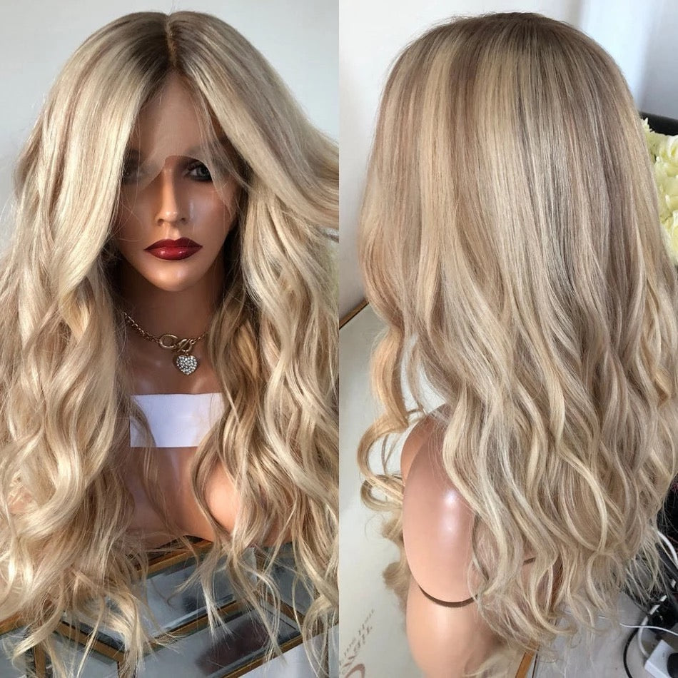 Wavy Blonde Lowlight Dark Root 13x4 Lace Front Remy Human Hair Wigs for Black Women Transparent Full Lace 180% Density Highlight Blonde Wig