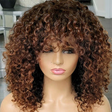 Load image into Gallery viewer, Brown Color Human Hair Curly Wig Full Machine Made No Lace Wig With Bangs #4 Curly Wig Brazilian Remy Hair 250% Density
