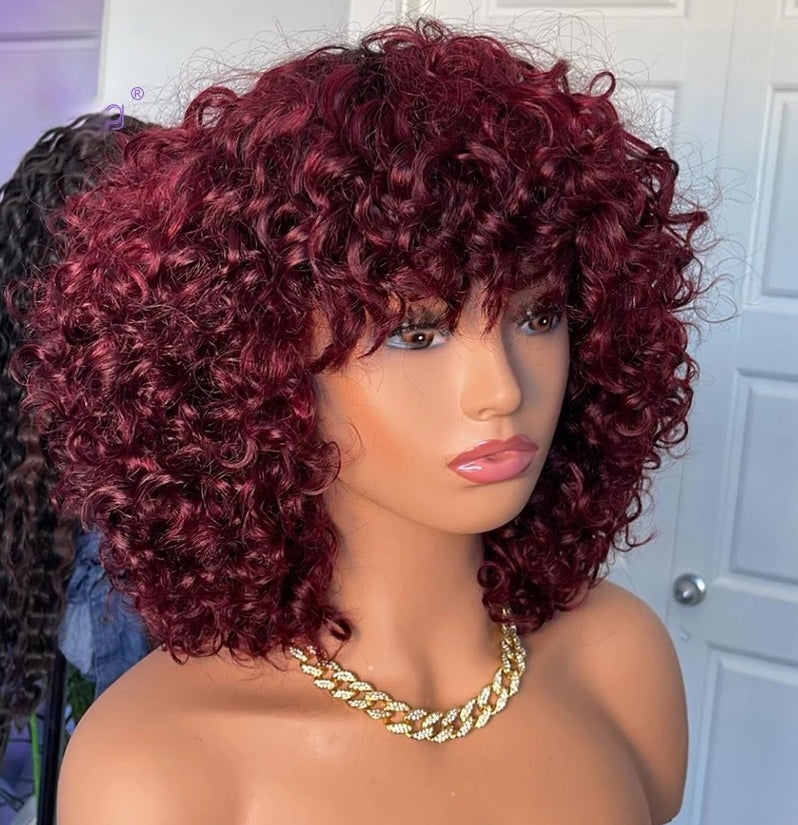 Glueless Short Kinky Curly Wigs with Bangs 99J Red Burgundy Color 200 Density Afro Curly Bob Cut Full Machine Human Hair Wig