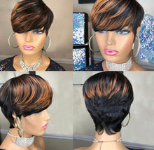 Load image into Gallery viewer, Pixie Cut Wig Black and Honey Brown Human Hair Wigs Short Remy Hair Black with Brown F1B/33 Color
